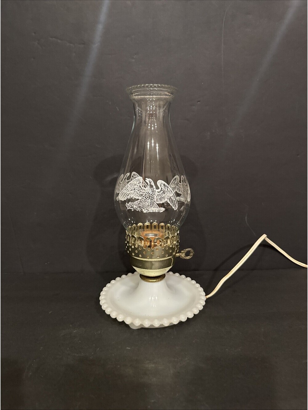 Vintage Eagle Beaded Shade Milkglass Hurricane Table Accent Lamp Beaded Dish